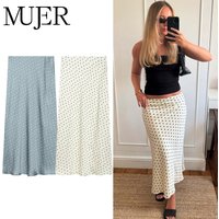 MUJER Polka Dot Long Skirts for Women Satin Layered Midi Skirt Woman Summer Pleated Skirt Women High Waist Pencil Women's Skirts