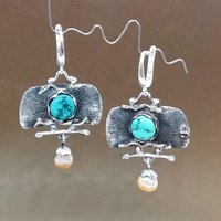 Ethnic Silver Color Imitation Turquoise Dangle Women's Earrings Geometric Party Daily Wear