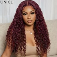 UNice 99J Burgundy Color Water Wave 13x4 Lace Frontal Human Hair Wigs With Drawstring Peel & Stick Glueless Wig 150 Density