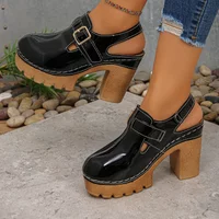 Women's Patent Leather Shallow High Heel Sandals Summer New Trend Buckle Strap Toe Sandals High Heel Platform Women's Shoes
