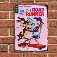Vintage BEEP THE ROAD RUNNER Metal Tin Sign - Retro Skateboarding Cartoon Characters Wall Art, , Rustic Iron Plaque for Home,