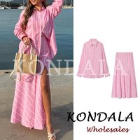 KONDALA Chic Fashion 2026 Women Pink Casual Striped Suits Single Breasted Loose Shirt+Draped Long Midi Split Skirt Female Sets