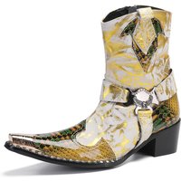 Splicing pointed men's side zipper genuine leather shoes, knight boots, gold printed stage banquet high-heeled men's boots