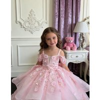 Customized Light Pink Flower Girl Dress For Wedding Floral Appliques Tulle Floor Length Gorgeous Princess Birthday Pageant Gown