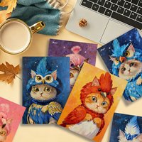16pcs,Whimsical Cute Cat-Bird Dress Up Art Postcards, birthday/anniversary gifts, collectibles, suitable for gift-giving