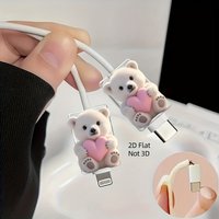 White Bear Cub Pink Heart Change Charger Protector Cover For iPhone For Samsung Type-C Charger Line Winder Cute Protector Cover