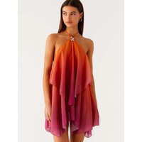 Women Gradient Halter Flower Decor Backless Layered Chiffon Flowy Mini Sundress Beach Vacation Party Club Cover Up Outfit