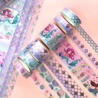 Mermaid Washi Tape Set,6 Rolls Glitter Silver Foiled Ocean Theme Decorative Tapes for Journaling, Scrapbooking,DIY Crafts, Gifts