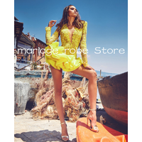 yellow lovely mini evenign cocktail dresses ruffles floral skirt long sleeve v-neck lace short birthday gala gown customsized