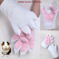 Plush Guinea Pig Paw Gloves Synthetic Fur Style Fursuit Hand Paws Cosplay Costume with Pink Paw Pads