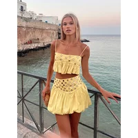 Hollow Out Crop Tank Pleated Skirt Sets Women Ring Bead Strap Sleeveless Backless Vest A-line Skrits Suits 2025 Spring Street