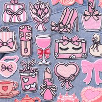Pink Bow Series Patch Cartoon Lipstick High Heel Embroidery Patches Iron On Patches For Clothing DIY Wine Glass Tape Sew Patch