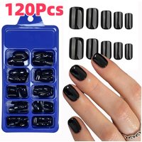 120Pcs Classic Glossy Black Fake Nails Full Cover Press On Nails Short Round Reusable False Fingertips DIY Women Manicure Tools