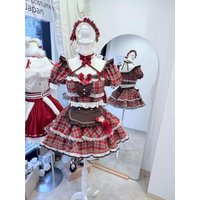 2026 Cosplay Japanese Sweet Plaid Bow 2 Piece Set Women Kawaii Lolita Lace Bow Top High Waist Puffy Skirt Cute Party Outfits