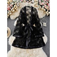 Plus - Size Black Lace Robe with Satin Trim: Tie - Waist, Sheer Fabric for Elegant Sexy Loungewear.seksi iç çamaşırları kadın