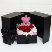 Kreative Valentinstag Bär Ewige Blume Geschenkbox Doppeltür Rose Halskette Schmuckschatulle Weihnachtsgeschenk Lippenstift Geschenkbox