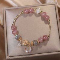 Natural Strawberry Crystal Moon and Star Pendant Bracelet, Fresh and Simple Design, Gift for Best Friends