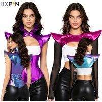 Futuristic Astronaut Metallic Crop Top Stand Collar Fly Sleeve Cutout Corset Bustier for Halloween Alien Robot Cosplay Show