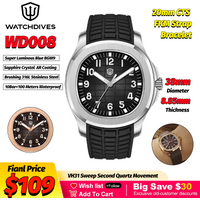 Watchdives WD008 38Mm Black Quartz Watches VH31 Sweep Second Movement Sapphire BGW9 FKM Strap 10Bar Waterproof Dive Wrist Watch