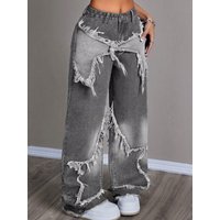 Jeans Straight Pants Women Pentagram Patchwork Denims Loose Trousers Washed Vintage Streetwear Distressed Female Floor Length