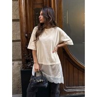 HH Women Elegant Fashion Blouse Solid O Neck Short Sleeve Shirt Asymmetrical Hem Lace Patchwork T-Shirt Casual Evening Shirt Top