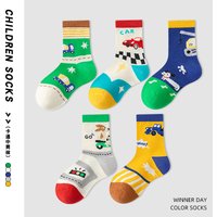 Kids Cotton Socks 5 Pairs Set Cute Racing Car Pattern Mid-Calf Socks for Boys Autumn Winter Warm Soft Breathable Toddler Casual