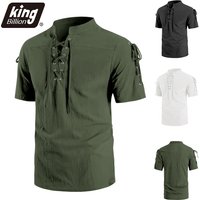 Men's Vintage Short Sleeve Shirt Renaissance Pirate Style Lace Up Design Cotton Linen Lightweight Stand Collar Gothic Costume