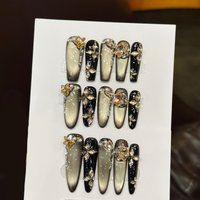 10pcs Vintage Light Luxury Handmade Fake Nails Shiny Black Cat's Eye Maillard Series Press On Nail With Diamond Decor False Nail