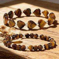 Natural Tiger Eye Heart‑Shaped Beaded Bracelet Healing Energy Crystal Stretch Bangle Boho Men's Women Bracelets Jewelry Couples