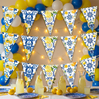 Lemon Blue Tile Bunting Banner Mediterranean Style Triangle Flags For Summer Garden Party Bridal Shower Birthday Decorations