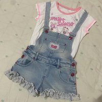 Lace Patchwork Denim Suspender Shorts + Cartoon Mp T-shirt 2 Pcs Sets Sweet Girl Y2k Suits Mom and Daughter Matching Clothes