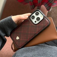 Retro Dark Red Grid Pattern Metal Heart Love Decoration Phone Cover Case for iPhone 12 13 14 15 16 Pro Max