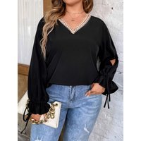 Plus Size Black V-Neck Top with Lace Trim, Cutout Sleeves & Drawstring Flared Cuffs, Loose Chiffon Blouse