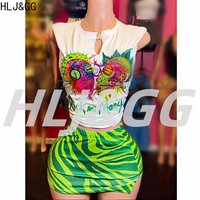 HLJ&GG Y2K Streetwear Women Pattern Printing Round Neck Short Sleeve Tshirt And Mini Skirts Two Piece Sets Fashion 2pcs Outfits