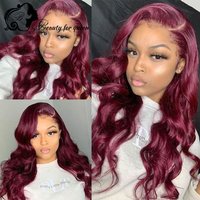 Transparent Colored Dark Red Bone StraightHigh Density Lace Frontal Wig Brazilian Human Hair Women Cosplay Wear And Go For Women