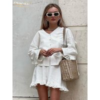 Clacive Fashion Beige Linen 2 Piece Sets Women Outfit Casual Loose Long Sleeve Shirts With High Waist Ruffle Shorts Set Female