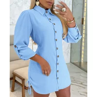 Vestidos Para Mujer Side Drawstring Buttoned Roll Up Sleeve Shirt Dress Vestido Vestidos Cortos Vestidos De Mujer Casuales