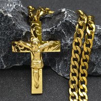 Hip Hop Cross Jesus Stainless Steel Pendant Necklace Gold Color Long Crucifix Chain Necklace for Women Men Jewelry colar de cruz