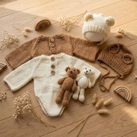 3Pcs Newborn Photography Props Set Handmade Crochet Bear Hat Romper Doll Outfit Infant Boy Girl Animal Photo Shoot Costume