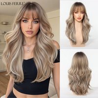 LOUIS FERRE Ombre Blonde Brown Wigs With Bangs For Women Wavy Layered Synthetic Wigs Daily Cosplay Wig Heat Resistant Fake Hair
