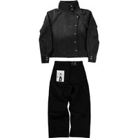 Y2K Vintage Black Denim Two Piece Set Asymmetric Button High Neck Jacket Baggy Wide Leg Pants Streetwear Gothic Harajuku Outfits