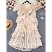Vintage Chiffon Long Dress Women Elegant V-neck Long Sleeved Casual Dresses French Pleated Slim A-line Long Robe Vestidos
