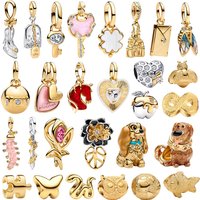 New Original 925 Sterling Silver Gold Key Butterfly Owl Tulip Dog Bead Pendant fit Women's DIY Bracelet Necklace Jewelry Gift