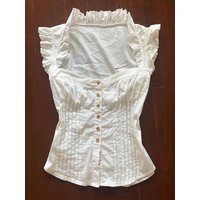 Bamian Girl Original Retro Design White Fleece Sleeve Shirt Women's Summer New Style Versatile Cotton Blend Short Sleeve Butt...