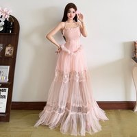 SylCue Y2K Sweet Style Long Dress Woman Mesh Patchwork Ruffles Wrap Chest Backless Sleeveless Birthday Party Elegant Vestidos