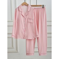 Women Pink Vertical Striped Pajamas Set Long Sleeve Button Down Shirt & Long Pants 2 Pieces Casual Soft Loungewear Sleepwear