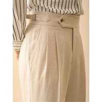 Linen Straight Pant For Men Summer Business Gentleman Naples Pant Paris Buckle Drape High Waisted Trousers Men Formal Pant