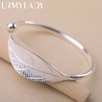 Fashion 925 Sterling Silver Woman Cuff Bracelet Open Leaf Shaped Adjustable Charm Bangle Girls Party Jewelry Christmas Gifts