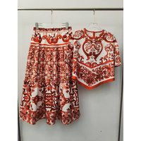Retro geometric print irregular pullover two-piece set for 2026 summer women's clothing+loose pleated A-line skirt fashion set