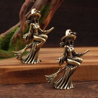 Retro Brass Broomstick Witch Figurines Miniatures Desk Ornaments Charming Witch Small Statue Home Decorations Crafts Accessories